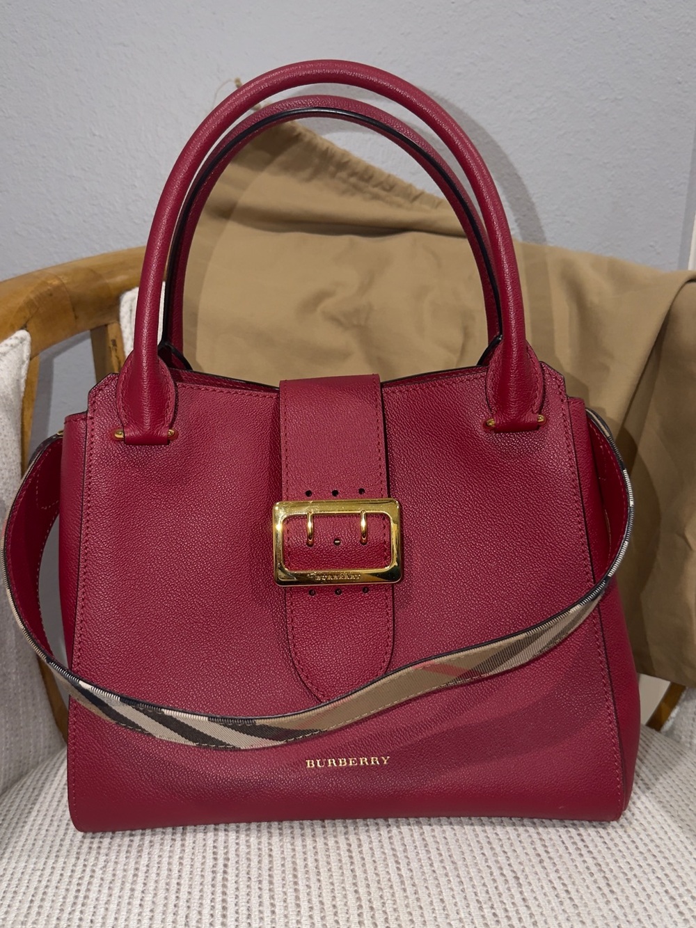 Burberry Berry Red Leather Top-Handle Satchel with Check Strap